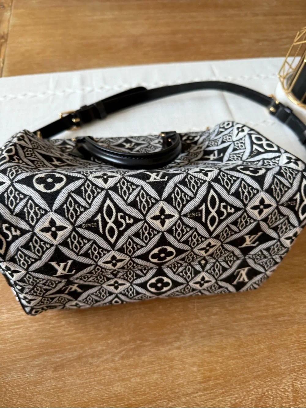 LV Black & White Monogram Jacquard Satchel with Gold Hardware